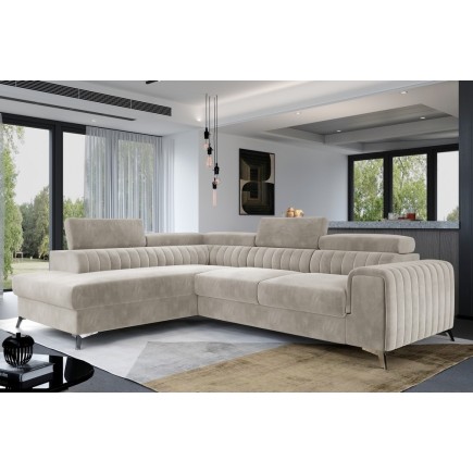- Canapé d'angle convertible - LARRY VELOURS - en velours Luxe, 5 places, beige, angle gauche (vu de face)