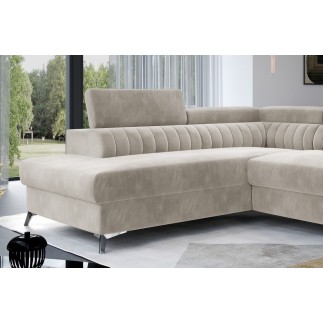 - Canapé d'angle convertible - LARRY VELOURS - en velours Luxe, 5 places, beige, angle gauche (vu de face)
