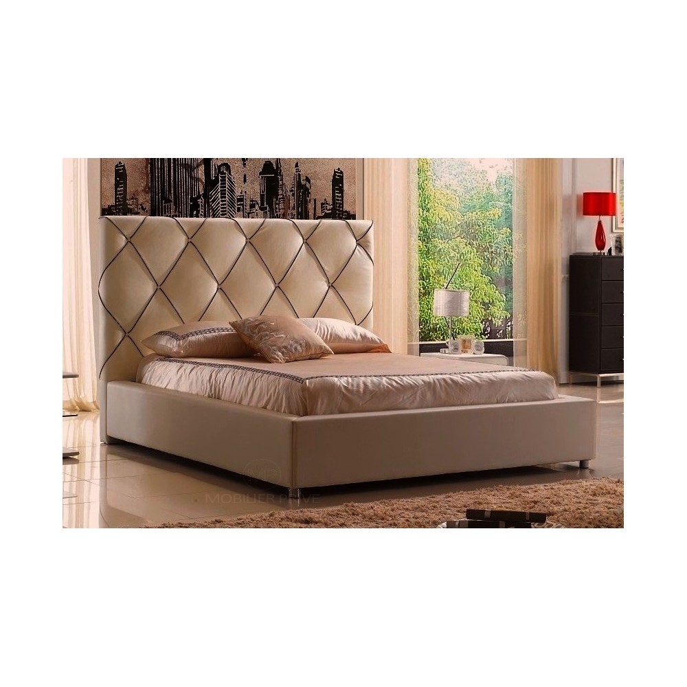 Lit en cuir italien de luxe ENJOY, beige liseret chocolat, 140x190 Lit en cuir italien de luxe ENJOY, beige liseret chocolat, 140x190