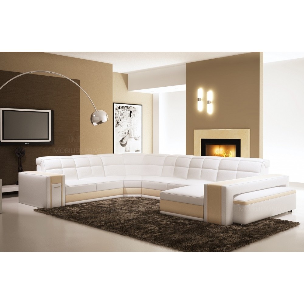 Canapé d'angle en cuir italien 7/8 places EVASION, blanc / beige, angle gauche Canapé d'angle en cuir italien 7/8 places EVASION, blanc / beige, angle gauche