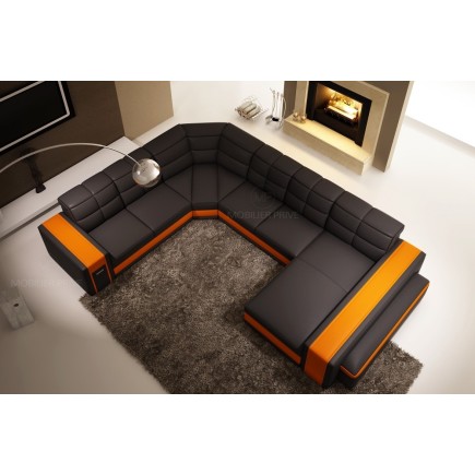 Canapé d'angle en cuir italien 7/8 places EVASION, noir / orange.
