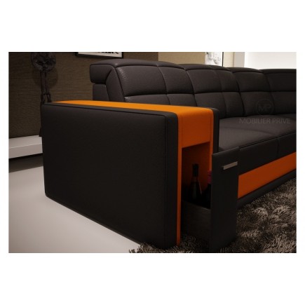 Canapé d'angle en cuir italien 7/8 places EVASION, noir / orange, angle gauche