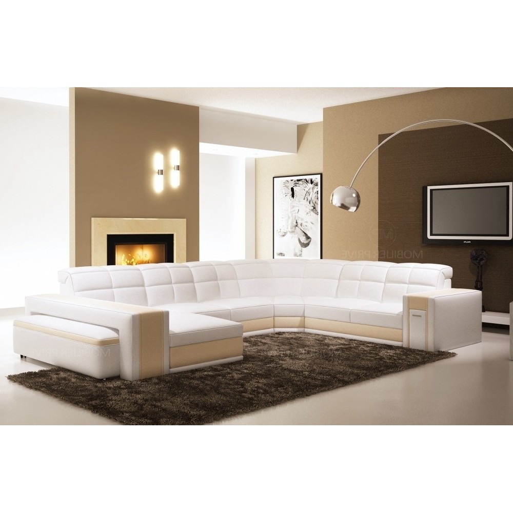Canapé d'angle en cuir italien 7/8 places EVASION, blanc / beige, angle droit Canapé d'angle en cuir italien 7/8 places EVASION, blanc / beige, angle droit