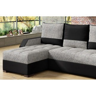 Canapé d'angle convertible - ARTE - en tissu et simili de qualité, gris et noir, 3/4 places, angle gauche (vu de face)