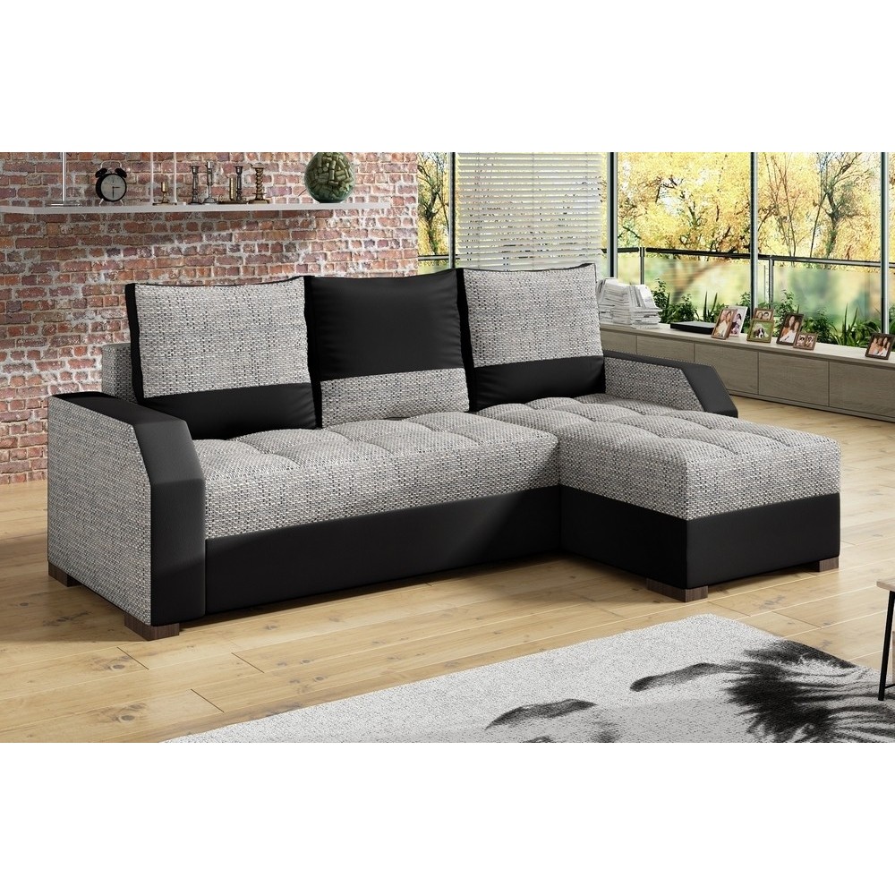 Canapé d'angle convertible, ARTE, en tissu et simili de qualité, gris et noir, 3/4 places, angle droit (vu de face) Canapé d'angle convertible, ARTE, en tissu et simili de qualité, gris et noir, 3/4 places, angle droit (vu de face)