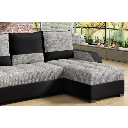 Canapé d'angle convertible, ARTE, en tissu et simili de qualité, gris et noir, 3/4 places, angle droit (vu de face)