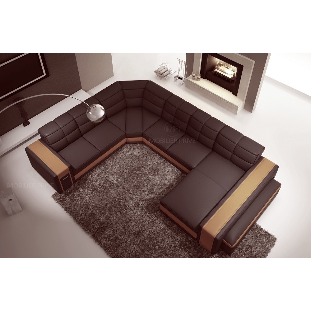 Canapé d'angle en cuir italien 7/8 places EVASION, chocolat / beige, angle gauche Canapé d'angle en cuir italien 7/8 places EVASION, chocolat / beige, angle gauche