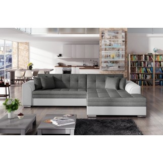 Canapé d'angle convertible, SOHO, en tissu gris foncé et simili blanc de qualité, 5 places, angle droit (vu de face)