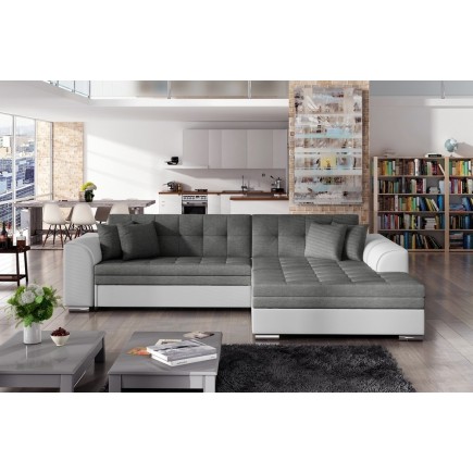 Canapé d'angle convertible, SOHO, en tissu gris foncé et simili blanc de qualité, 5 places, angle droit (vu de face)