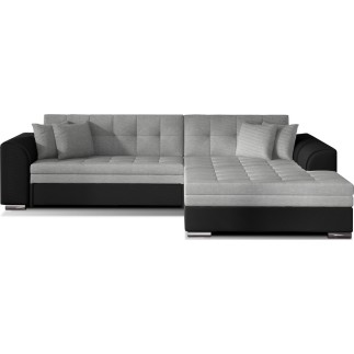 Canapé d'angle convertible en tissu gris et simili noir de qualité, 5 places, angle droit (vu de face) - SOHO