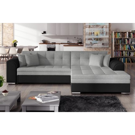 Canapé d'angle convertible en tissu gris et simili noir de qualité, 5 places, angle droit (vu de face) - SOHO