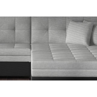 Canapé d'angle convertible en tissu gris et simili noir de qualité, 5 places, angle droit (vu de face) - SOHO