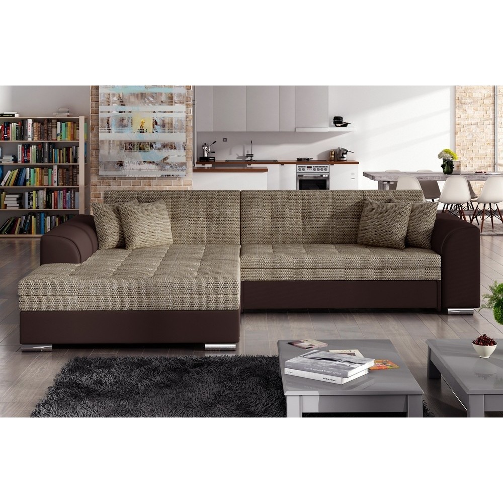 Canapé d'angle convertible en tissu beige et simili chocolat de qualité, 5 places, angle gauche (vu de face), SOHO Canapé d'angle convertible en tissu beige et simili chocolat de qualité, 5 places, angle gauche (vu de face), SOHO