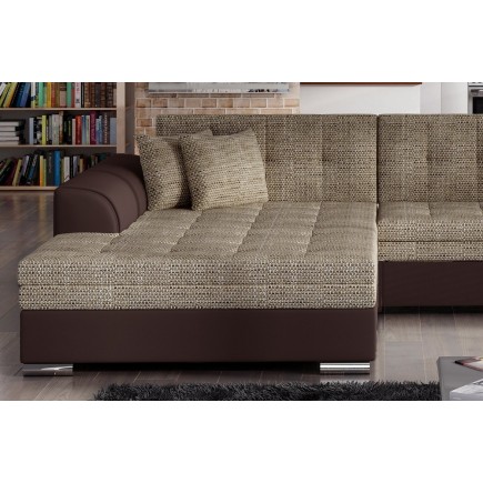 Canapé d'angle convertible en tissu beige et simili chocolat de qualité, 5 places, angle gauche (vu de face), SOHO