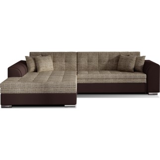 Canapé d'angle convertible en tissu beige et simili chocolat de qualité, 5 places, angle gauche (vu de face), SOHO