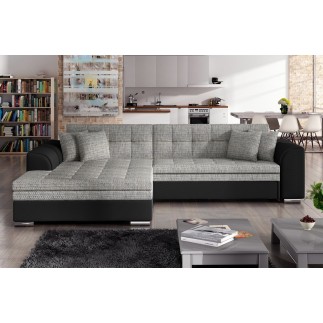 Canapé d'angle convertible en tissu gris foncé et simili noir de qualité, 5 places, angle gauche (vu de face) - SOHO