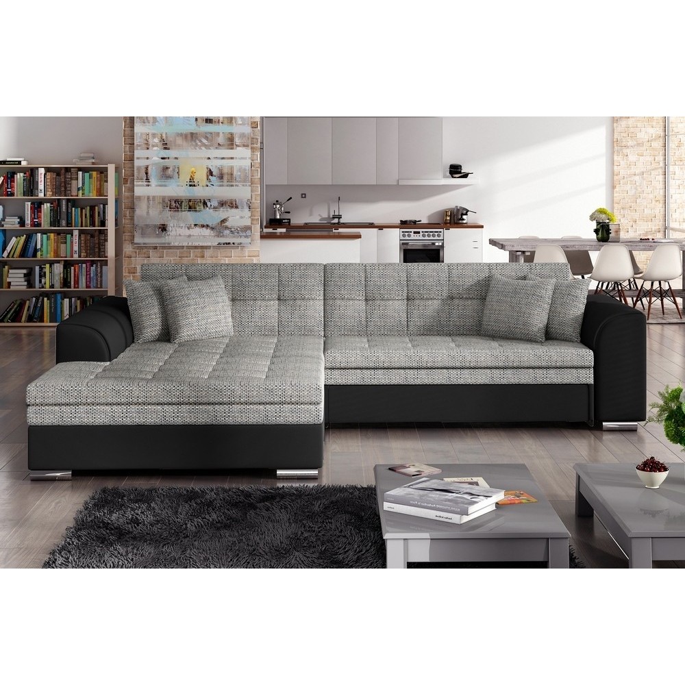Canapé d'angle convertible en tissu gris foncé et simili noir de qualité, 5 places, angle gauche (vu de face) - SOHO Canapé d'angle convertible en tissu gris foncé et simili noir de qualité, 5 places, angle gauche (vu de face) - SOHO