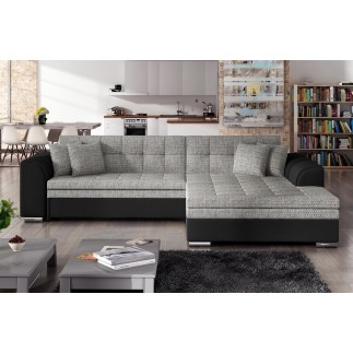 Canapé d'angle convertible en tissu gris foncé et simili noir de qualité, 5 places, angle droit (vu de face) - SOHO