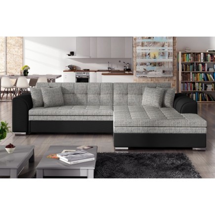Canapé d'angle convertible en tissu gris foncé et simili noir de qualité, 5 places, angle droit (vu de face) - SOHO