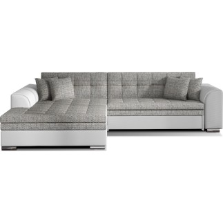 - Canapé d'angle convertible en tissu gris et simili blanc de qualité, 5 places, angle gauche (vu de face), SOHO