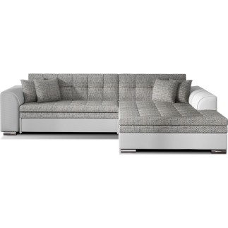 Canapé d'angle convertible en tissu gris et simili blanc de qualité, 5 places, angle droit (vu de face) - SOHO