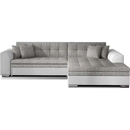 Canapé d'angle convertible en tissu gris et simili blanc de qualité, 5 places, angle droit (vu de face) - SOHO