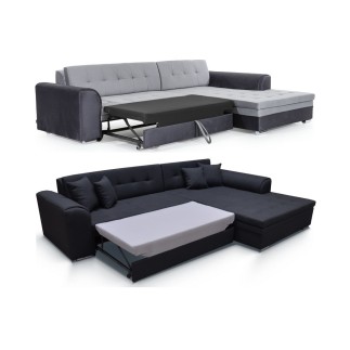 Canapé d'angle convertible en tissu gris et simili blanc de qualité, 5 places, angle droit (vu de face) - SOHO