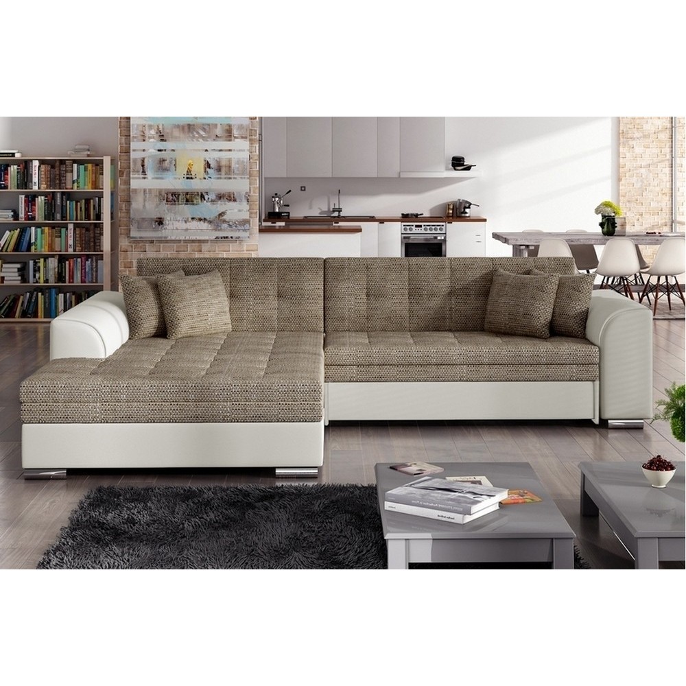 Canapé d'angle convertible en tissu beige et simili écru de qualité, 5 places, angle gauche (vu de face), SOHO Canapé d'angle convertible en tissu beige et simili écru de qualité, 5 places, angle gauche (vu de face), SOHO