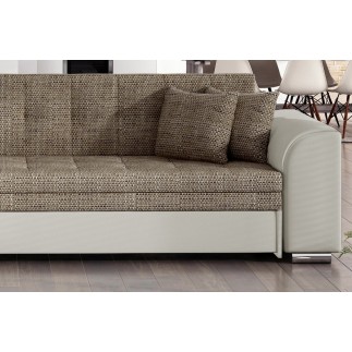 Canapé d'angle convertible en tissu beige et simili écru de qualité, 5 places, angle gauche (vu de face), SOHO
