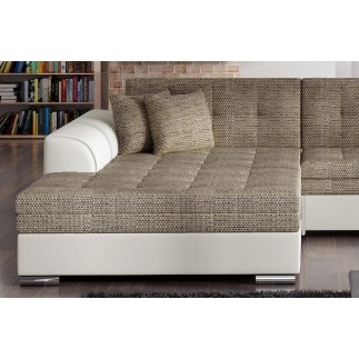 Canapé d'angle convertible en tissu beige et simili écru de qualité, 5 places, angle gauche (vu de face), SOHO