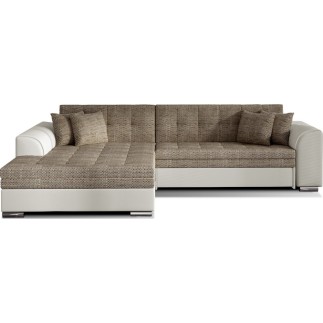 Canapé d'angle convertible en tissu beige et simili écru de qualité, 5 places, angle gauche (vu de face), SOHO