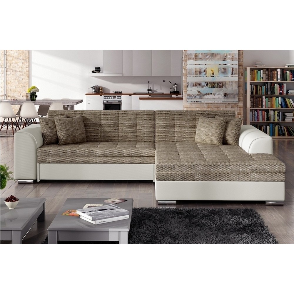 Canapé d'angle convertible en tissu beige et simili écru de qualité, 5 places, angle droit (vu de face), SOHO Canapé d'angle convertible en tissu beige et simili écru de qualité, 5 places, angle droit (vu de face), SOHO