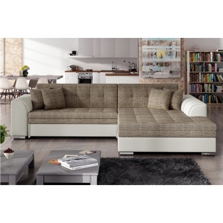 Canapé d'angle convertible en tissu beige et simili écru de qualité, 5 places, angle droit (vu de face), SOHO