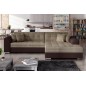 Canapé d'angle convertible en tissu beige et simili chocolat de qualité, 5 places, angle droit (vu de face), SOHO