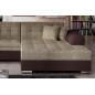 Canapé d'angle convertible en tissu beige et simili chocolat de qualité, 5 places, angle droit (vu de face), SOHO