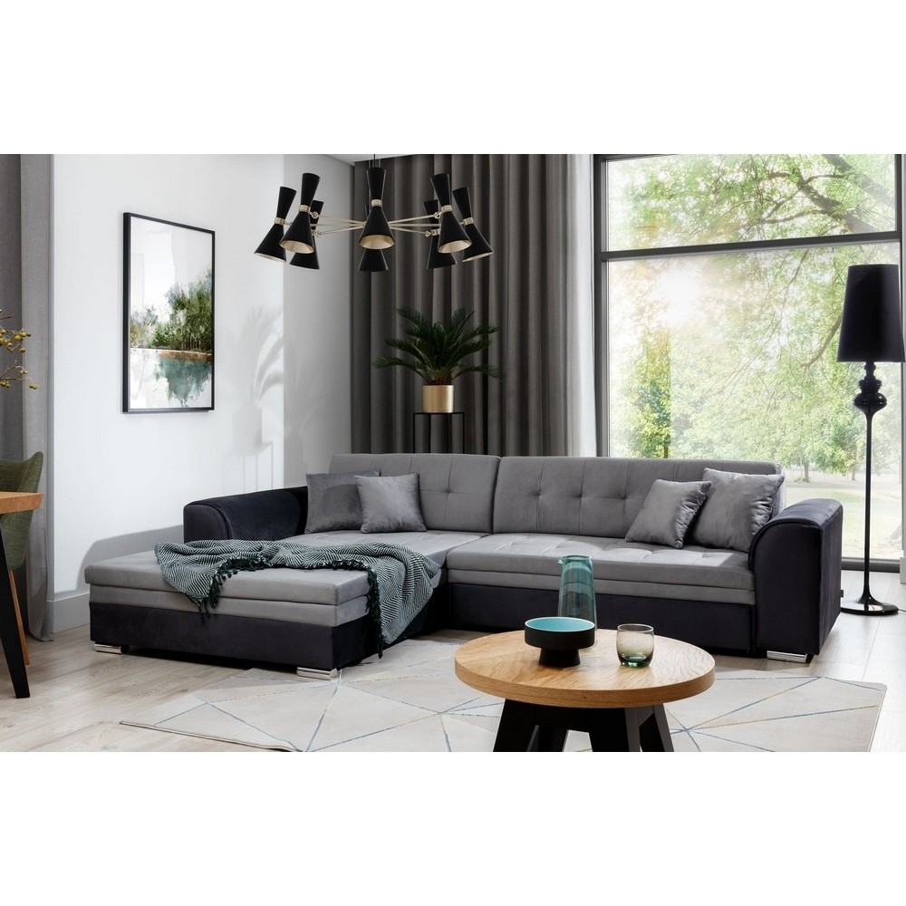 - Canapé d'angle convertible en tissu velours gris et noir Luxe, 5 places, angle gauche (vu de face), SOHO VELOURS - Canapé d'angle convertible en tissu velours gris et noir Luxe, 5 places, angle gauche (vu de face), SOHO VELOURS