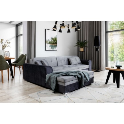 - Canapé d'angle convertible en tissu velours gris et noir Luxe, 5 places, angle gauche (vu de face), SOHO VELOURS