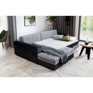 - Canapé d'angle convertible en tissu velours gris et noir Luxe, 5 places, angle gauche (vu de face), SOHO VELOURS