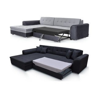 - Canapé d'angle convertible en tissu velours gris et noir Luxe, 5 places, angle gauche (vu de face), SOHO VELOURS