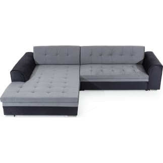 - Canapé d'angle convertible en tissu velours gris et noir Luxe, 5 places, angle gauche (vu de face), SOHO VELOURS