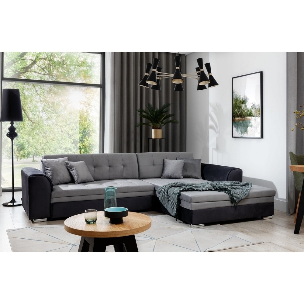 Canapé d'angle convertible en tissu velours gris et noir Luxe, 5 places, angle droit (vu de face), SOHO VELOURS Canapé d'angle convertible en tissu velours gris et noir Luxe, 5 places, angle droit (vu de face), SOHO VELOURS