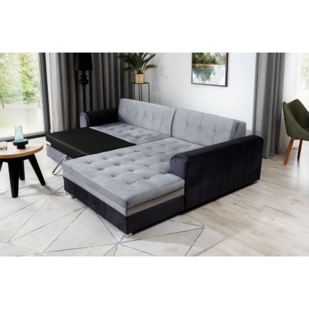 Canapé d'angle convertible en tissu velours gris et noir Luxe, 5 places, angle droit (vu de face), SOHO VELOURS