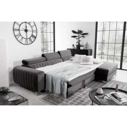 Canapé d'angle convertible en tissu velours Luxe gris, 5 places, angle droit (vu de face) - GRECE VELOURS