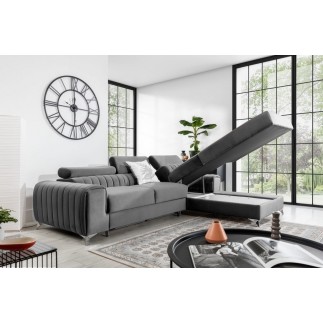Canapé d'angle convertible en tissu velours Luxe gris, 5 places, angle droit (vu de face) - GRECE VELOURS
