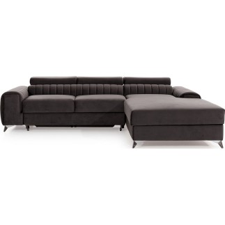 Canapé d'angle convertible en tissu velours Luxe, chocolat, 5 places, angle droit (vu de face), GRECE VELOURS