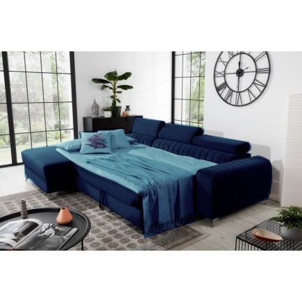 - Canapé d'angle convertible en tissu velours Luxe bleu, 5 places, angle gauche (vu de face) - GRECE VELOURS