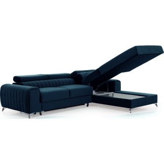 Canapé d'angle convertible en tissu velours Luxe bleu, 5 places, angle droit (vu de face) - GRECE VELOURS
