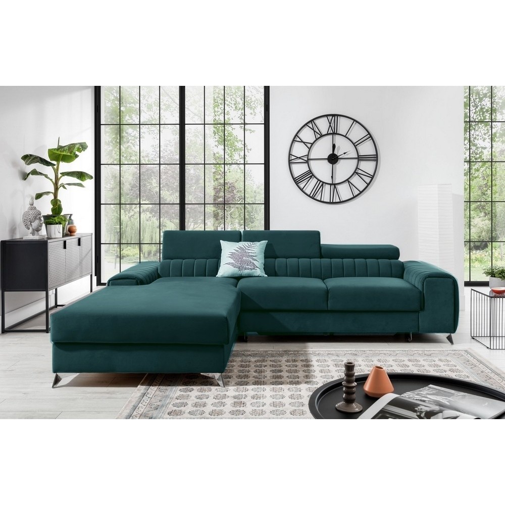 Canapé d'angle convertible en tissu velours Luxe vert, 5 places, angle gauche (vu de face) - GRECE VELOURS Canapé d'angle convertible en tissu velours Luxe vert, 5 places, angle gauche (vu de face) - GRECE VELOURS