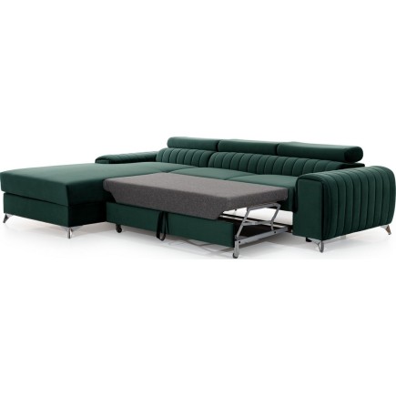 Canapé d'angle convertible en tissu velours Luxe vert, 5 places, angle gauche (vu de face) - GRECE VELOURS