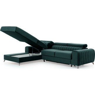 Canapé d'angle convertible en tissu velours Luxe vert, 5 places, angle gauche (vu de face) - GRECE VELOURS